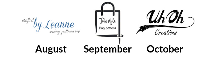 Logos for Crafted by Leanne, Tobistylx bag pattern, and UhOh Creations. Text reading August - October