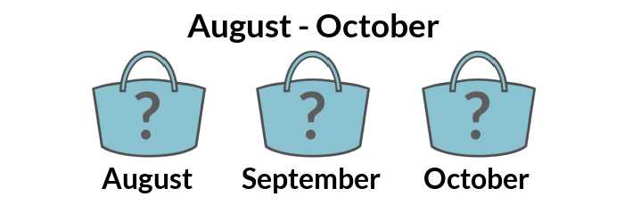 Three Bag of the Month Club logos, each containing a question mark. Test reads August September October