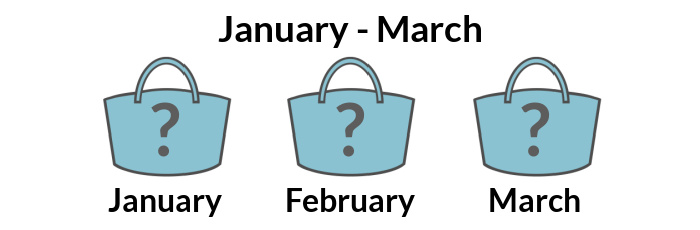 Three Bag of the Month Club logos, each containing a question mark. Test reads January February March