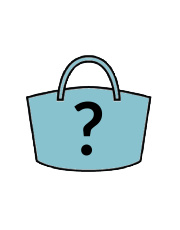 Illustration of a blue bag outlined in black, with a black question mark centred