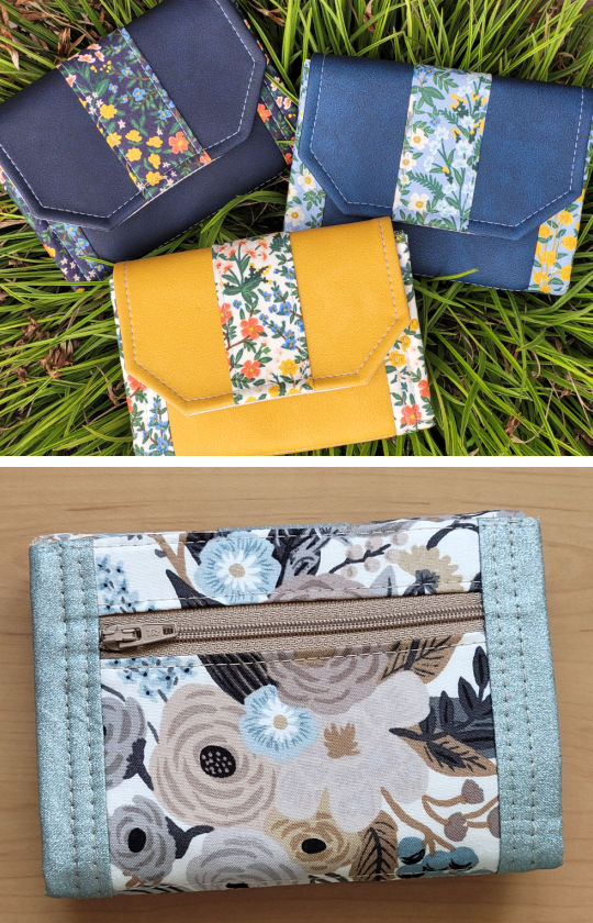 Wren Wallet from Crafted by Leanne for Bag of the Month Club. Three Wren Wallets on a grassy surface, and the back of a Wren Wallet showing the zipper pocket